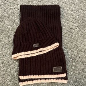 Coach Dark Brown and Light Pink trim Knit Beanie with matching scarf
